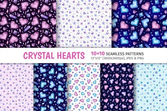 Creative Magic: Crystal Hearts Valentine’s Day Seamless Patterns for Digital & Fabric Design