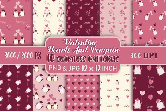 Valentine Hearts & Penguin Patterns: 10 Seamless Digital Papers for Creative Design